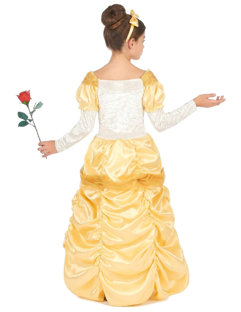 Vista trasera con rosa rojo del disfraz de princesa belleza para niña