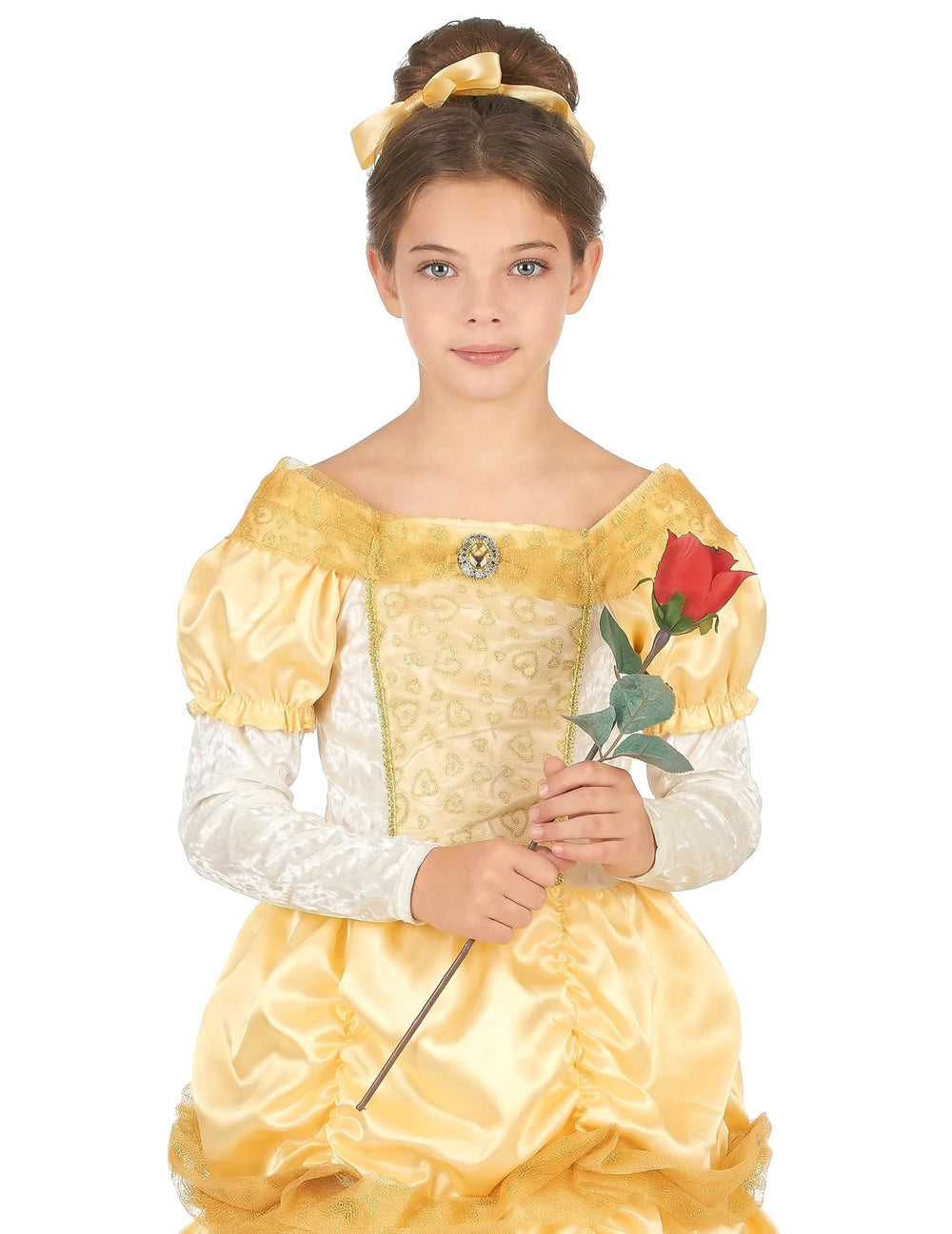 Primer plano del torso superior y la diadema del disfraz de princesa belleza para niña