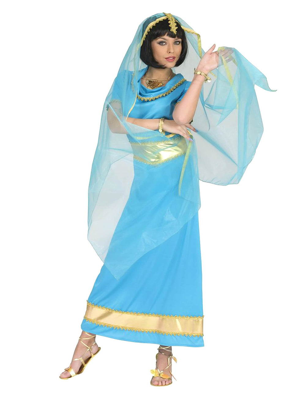 Disfraz de princesa bollywood para mujer azul y dorado con velo
