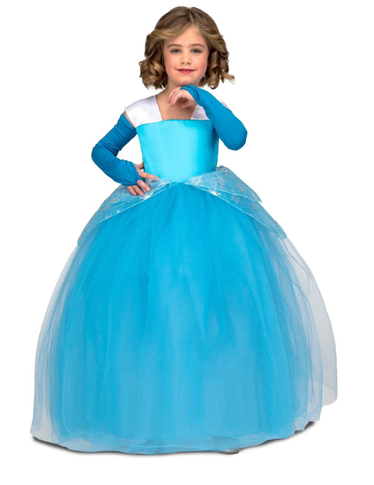 Disfraz de princesa de baile para niña azul con enagua de tul y guantes largos