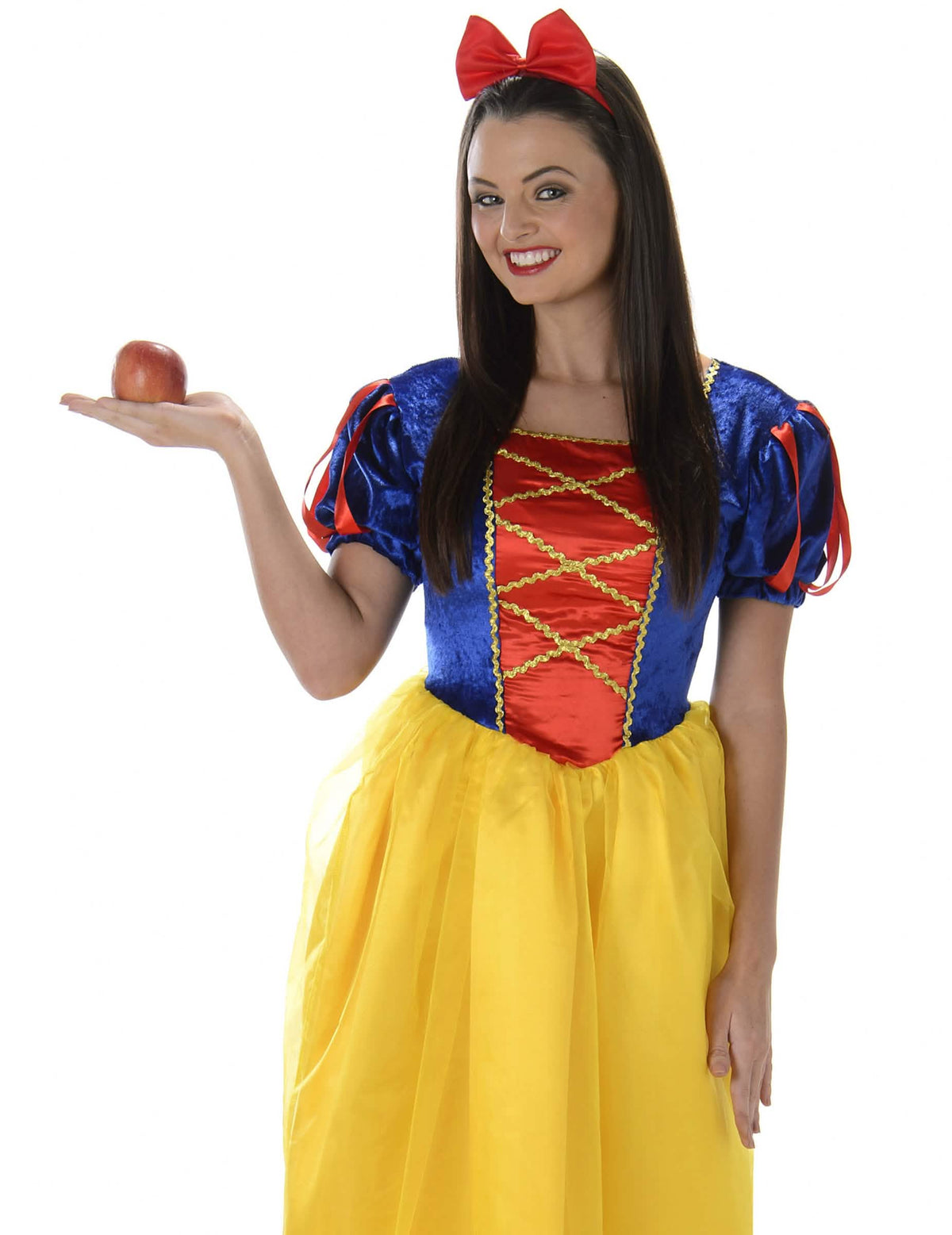 Detalle del corsé y de la manzana rojo del disfraz de princesa de cuento de hadas para mujer