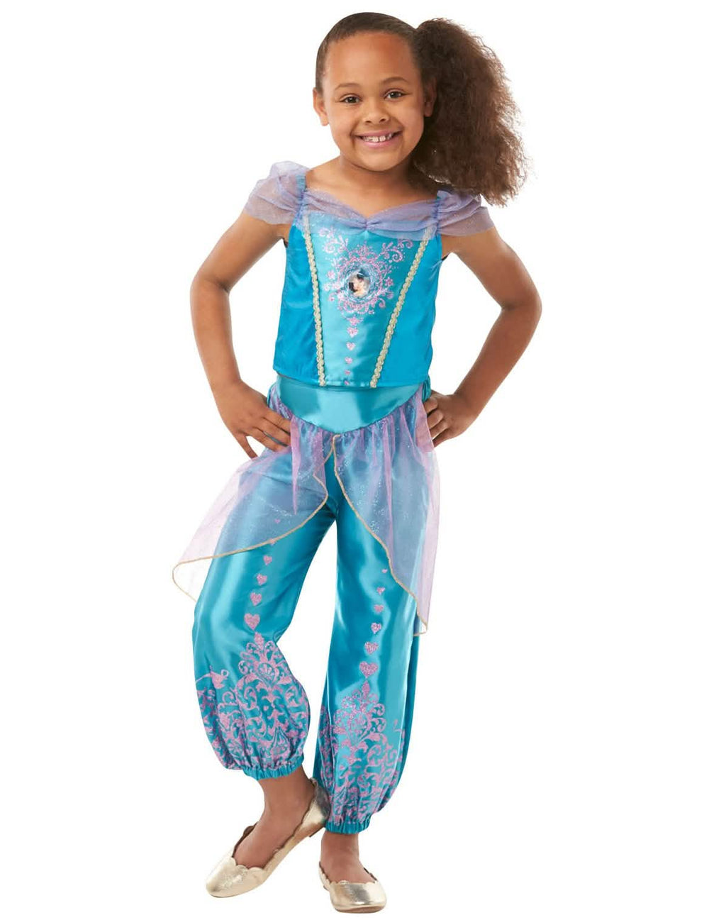 Disfraz de princesa Jasmine para niña azul turquesa con detalles rosas con purpurina