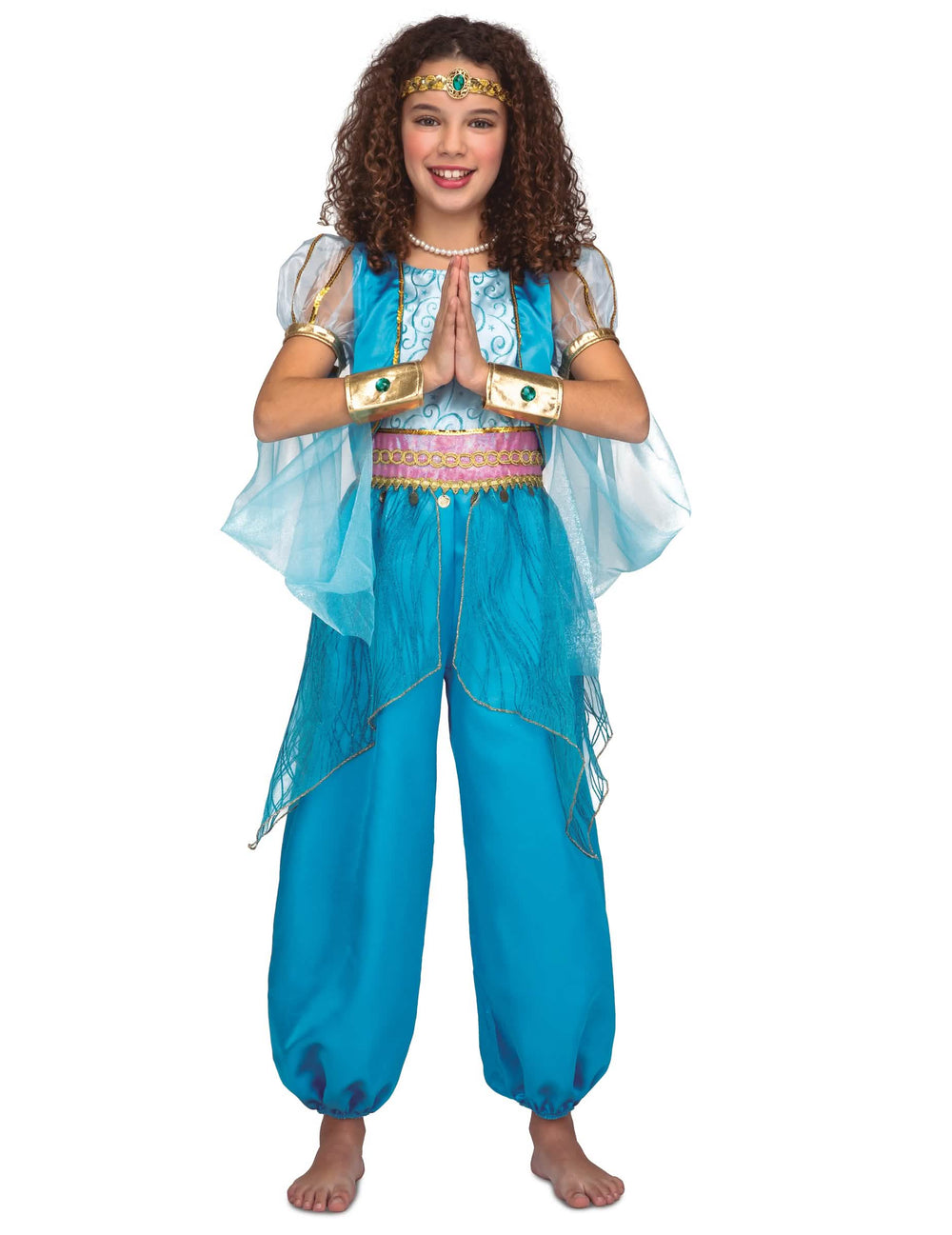 Déguisement princesse orientale pour fille turquoise avec détails dorés et roses