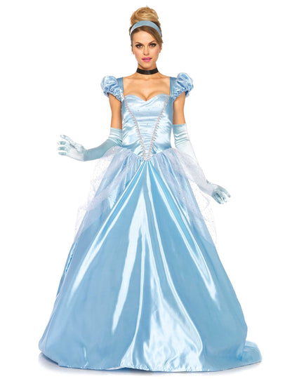 Déguisement de princesse pour femme bleu satiné avec gants et serre-tête