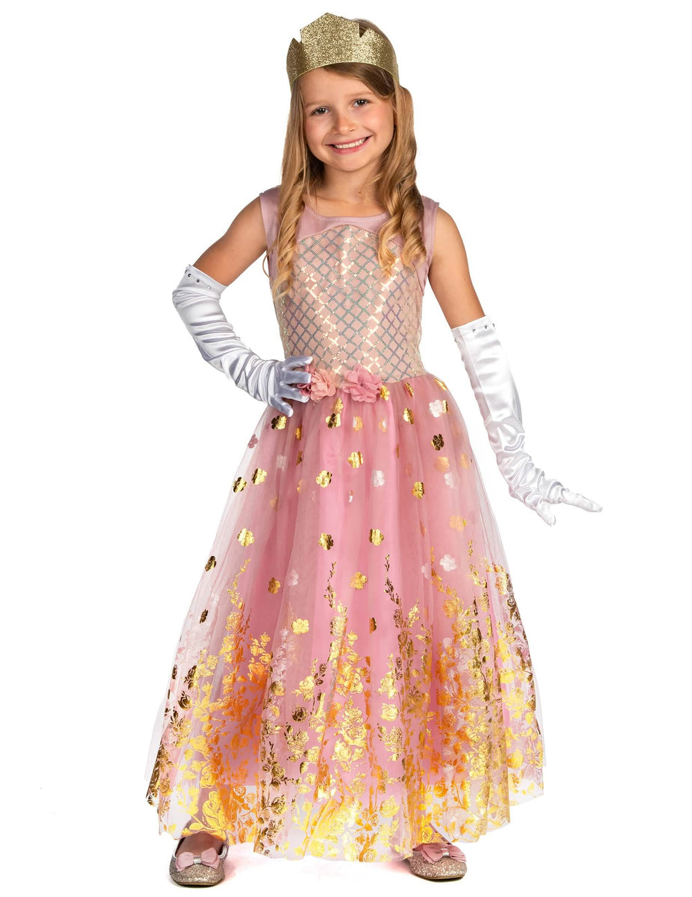 Déguisement de princesse pour fille rose gold avec couronne et gants blancs