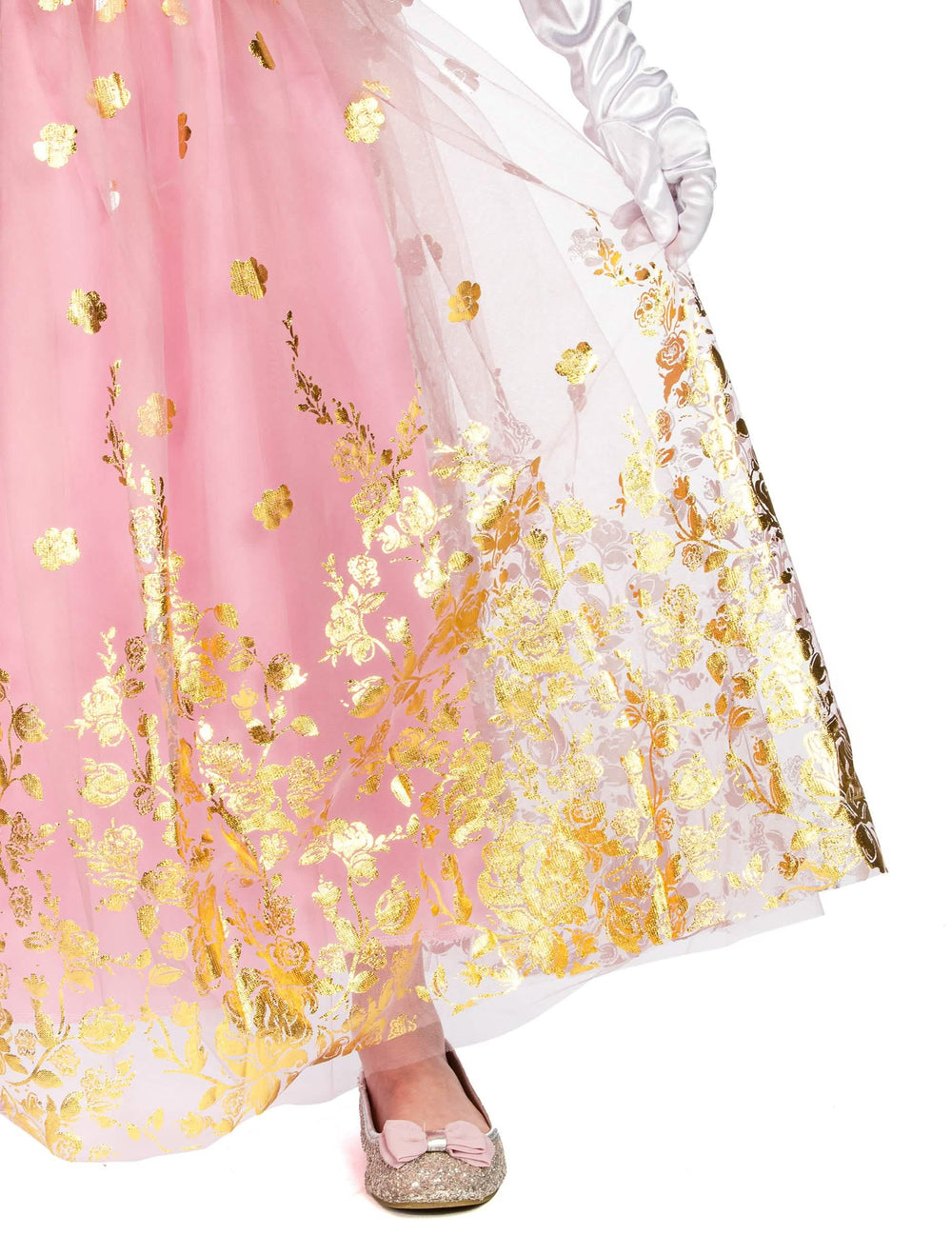Détail du bas de la jupe à motifs dorés du déguisement de princesse pour fille rose gold