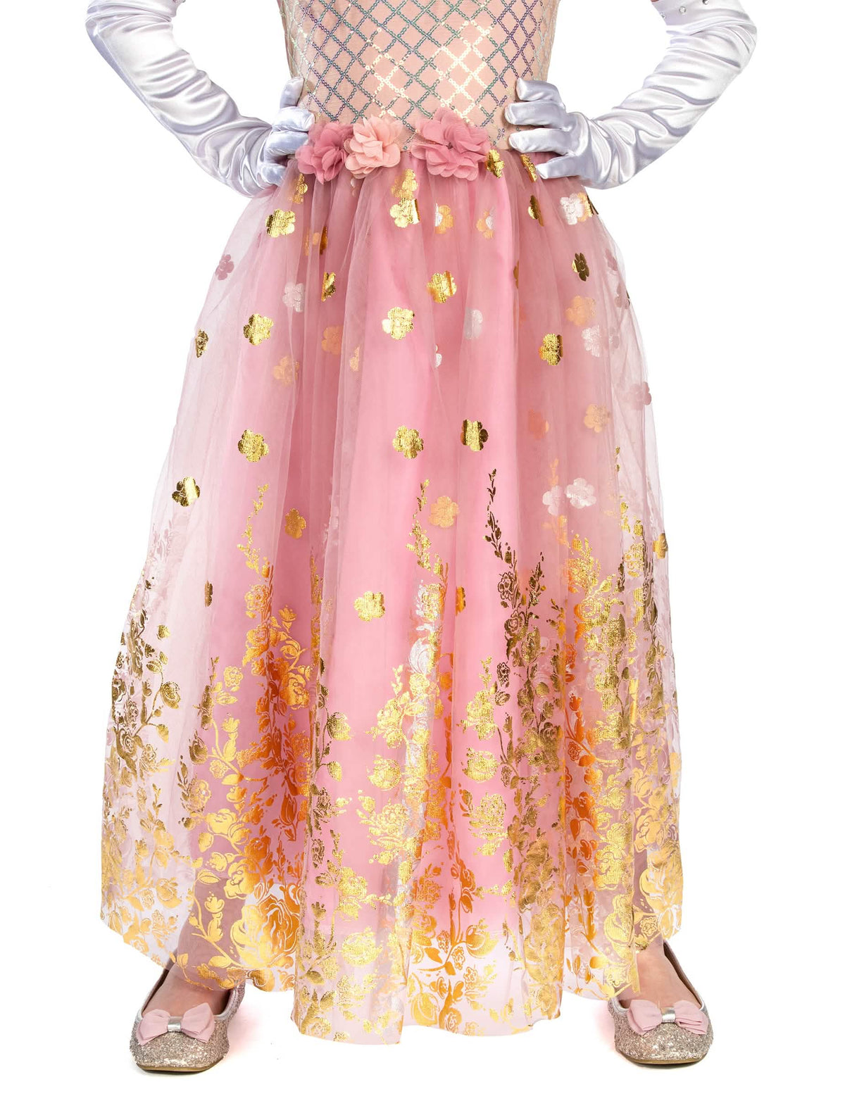 Gros plan sur la jupe à motifs dorés du déguisement de princesse pour fille rose gold