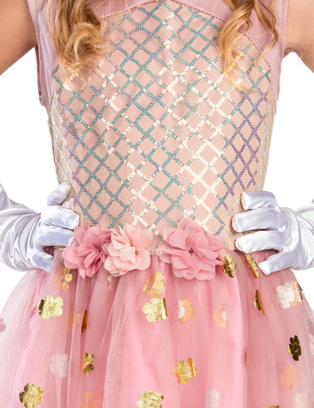 Détail du bustier à sequins et des fleurs du déguisement de princesse pour fille rose gold