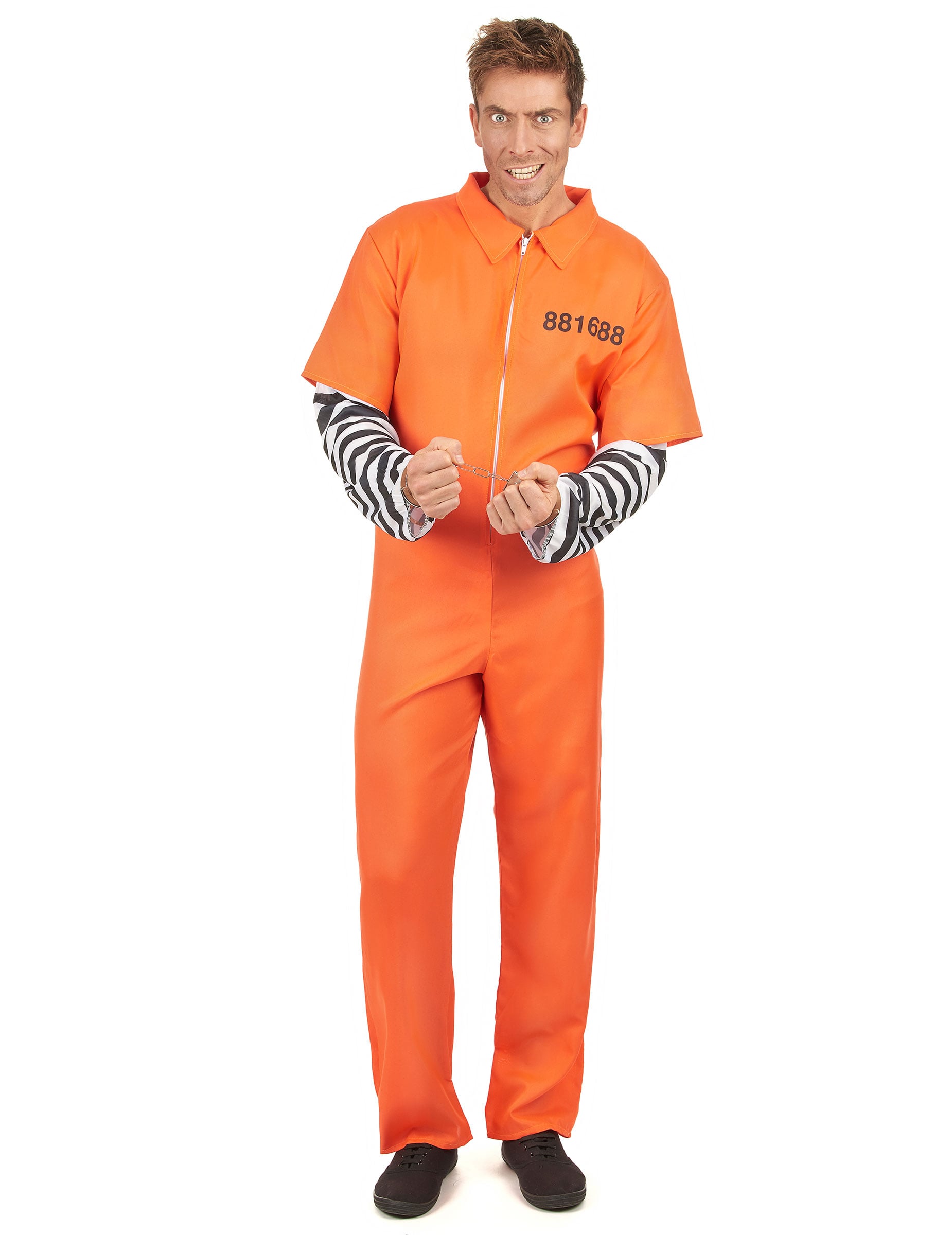 Déguisement de prisonnier pour homme orange avec manches rayées noir et blanc