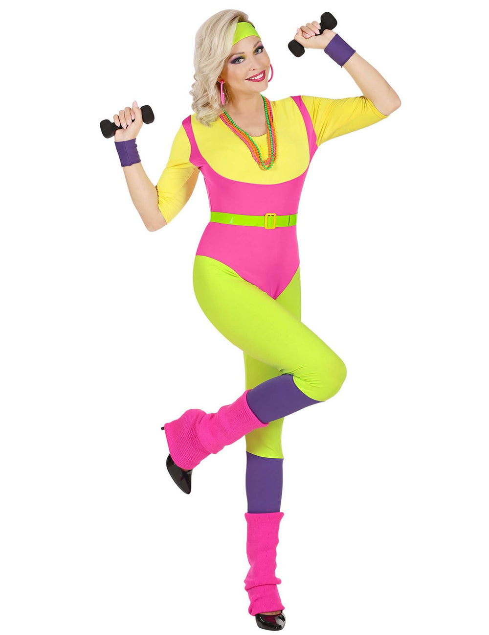 Disfraz de profesora de aeróbic de los años 80 para mujer rosa, amarillo y verde fosforito