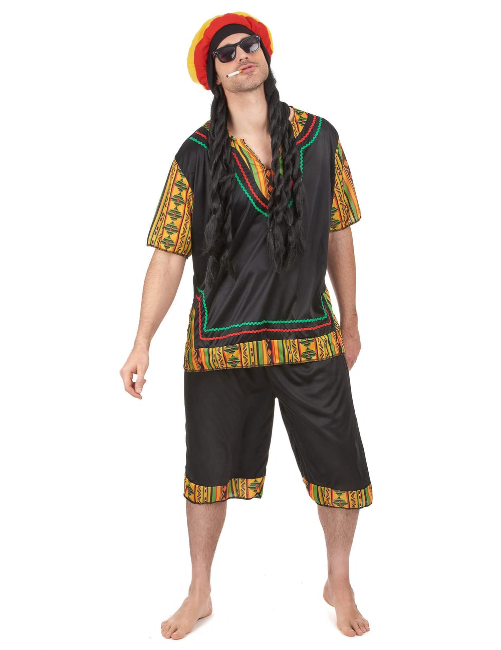 Déguisement rasta pour homme noir avec motifs multicolores et bonnet à dreadlocks