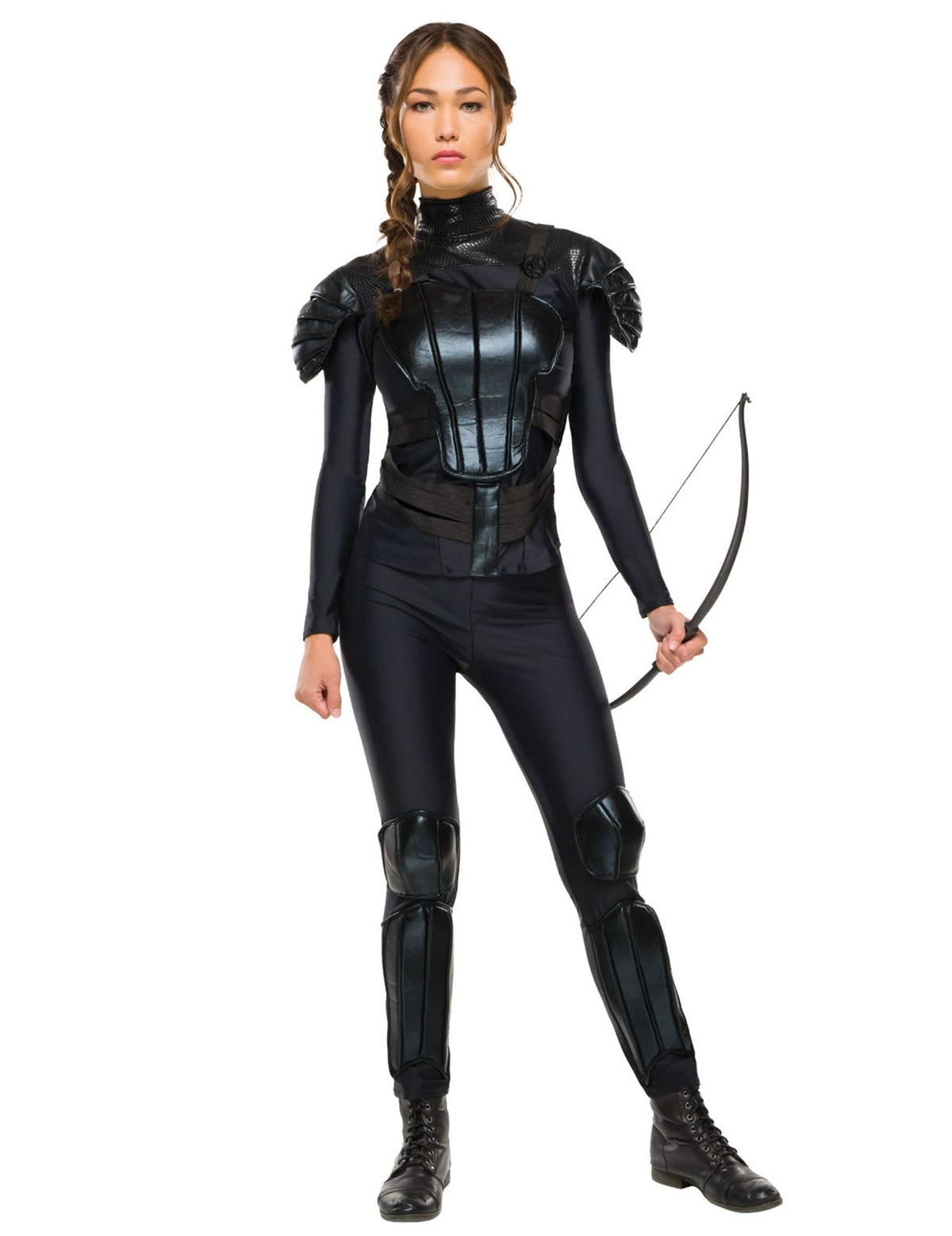 Disfraz rebelde Katniss Hunger Games™ para mujer negro con armadura y arco