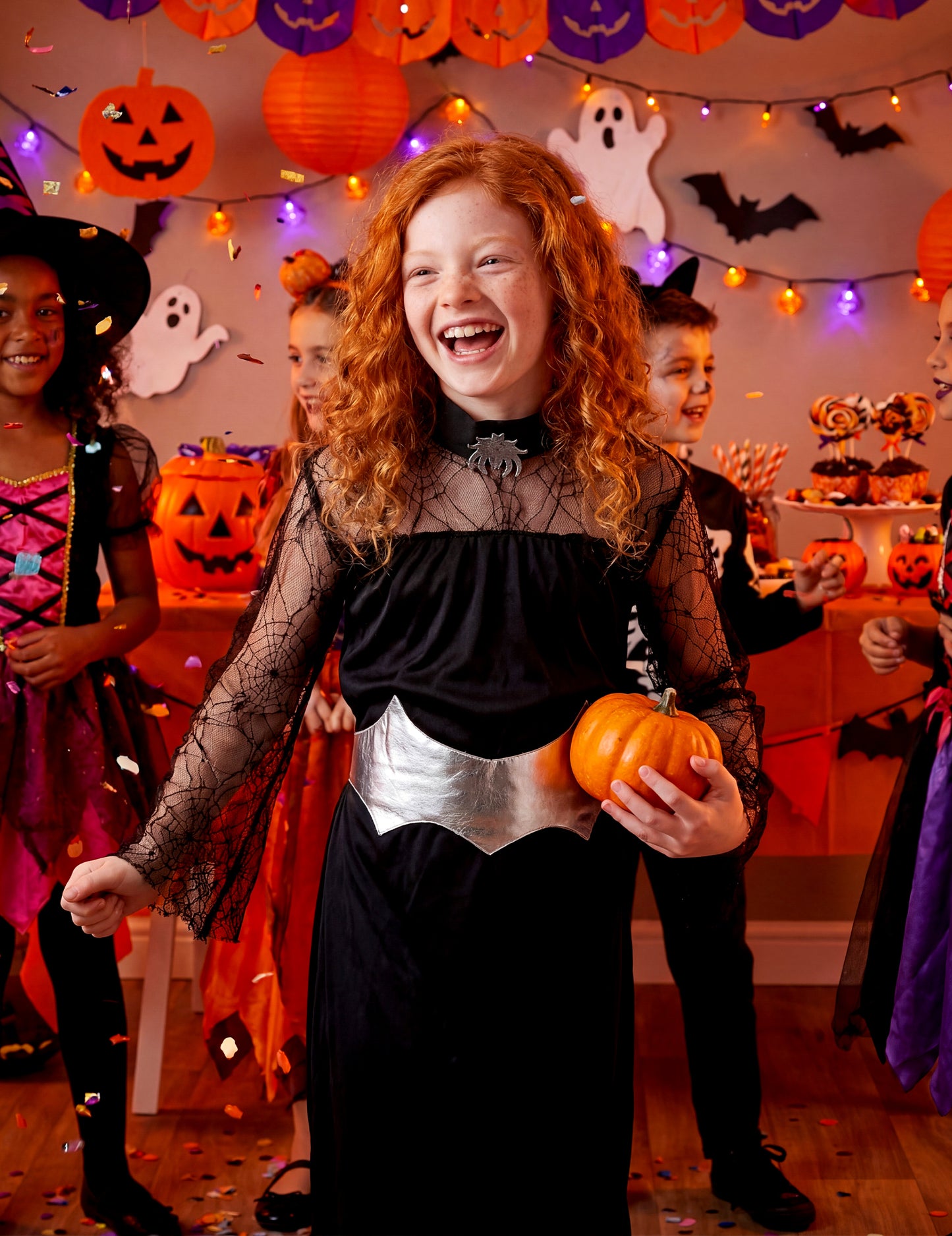 Mise en situation lors d'une fête d'Halloween du déguisement reine araignée pour fille