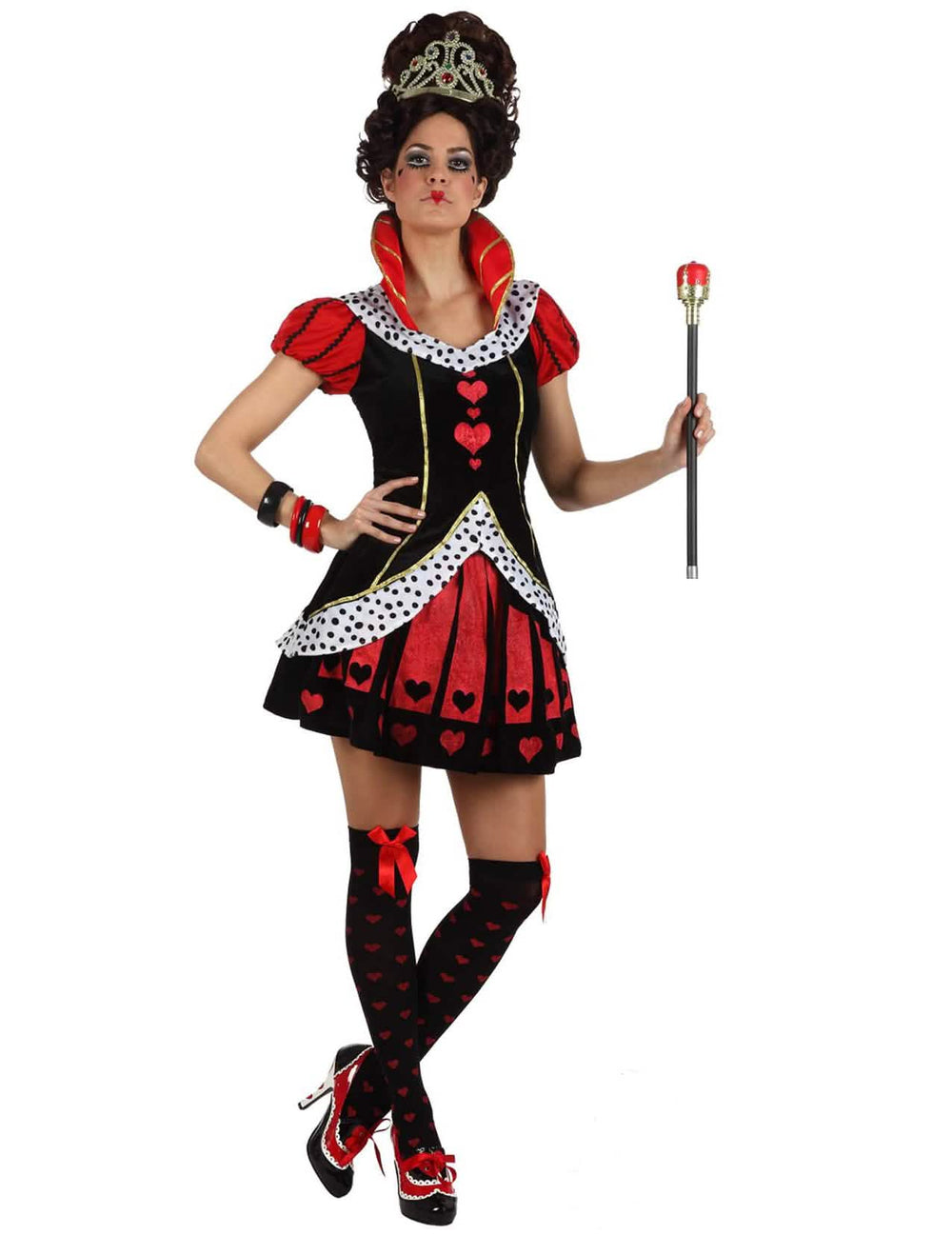 Disfraz elegante de reina de corazones para mujer rojo y negro con motivos de corazones