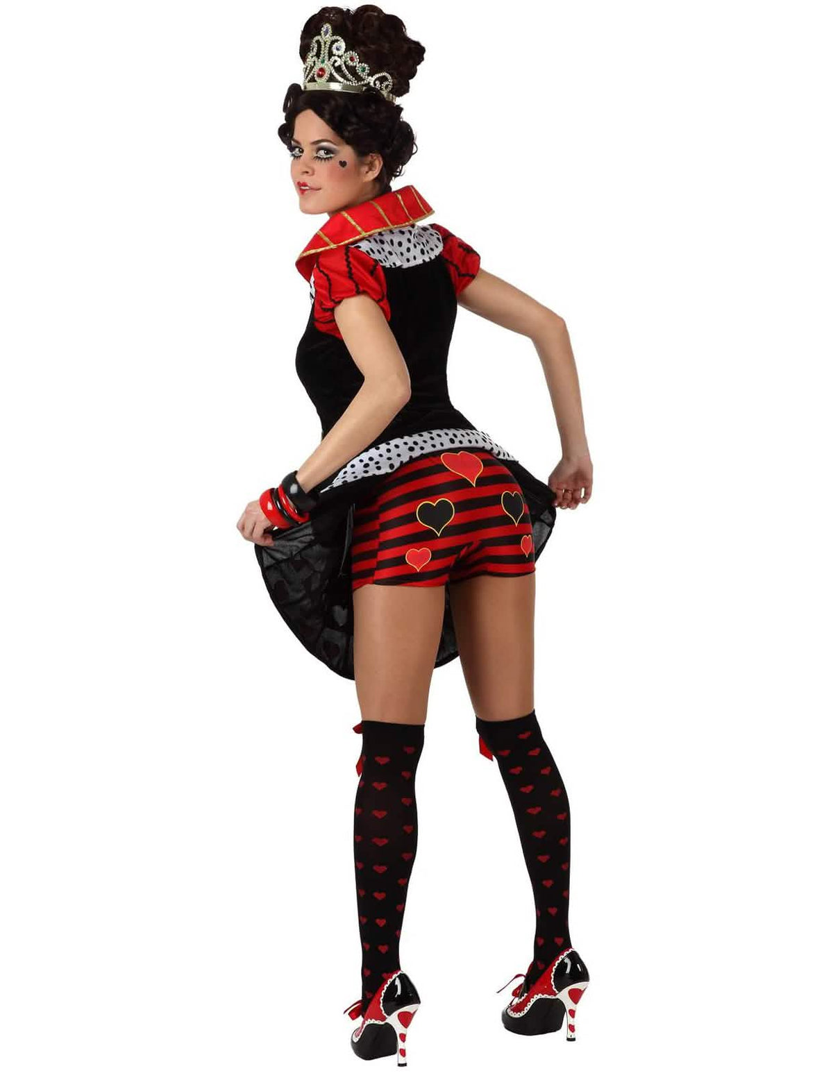 Vista trasera que muestra el short y las medias del disfraz de reina de corazones elegante