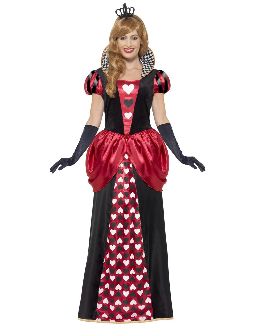 Disfraz reina de corazones para mujer largo rojo y negro con motivos de corazones y corona