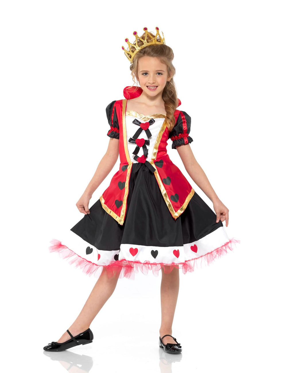 Vista frontal del disfraz reina de corazones para niña