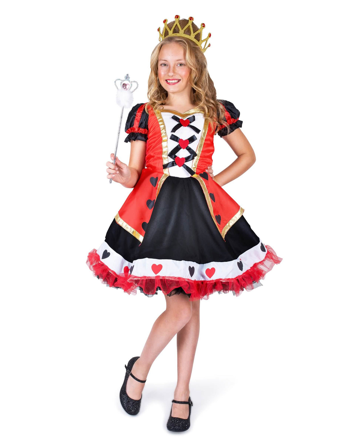 Disfraz de reina de corazones para niña rojo y negro con corona y cetro