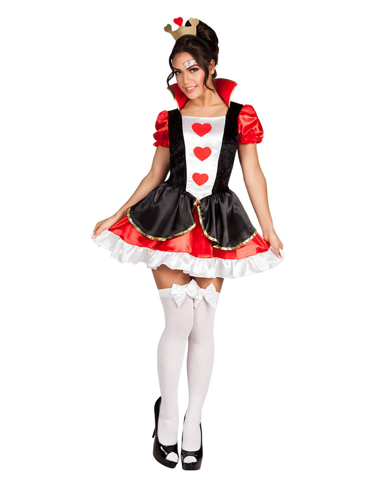 Disfraz de reina de corazones sexy para mujer rojo, blanco y negro con corona
