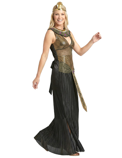 Déguisement de reine du Nil Egypte pour femme noir et or avec bandeau de serpent
