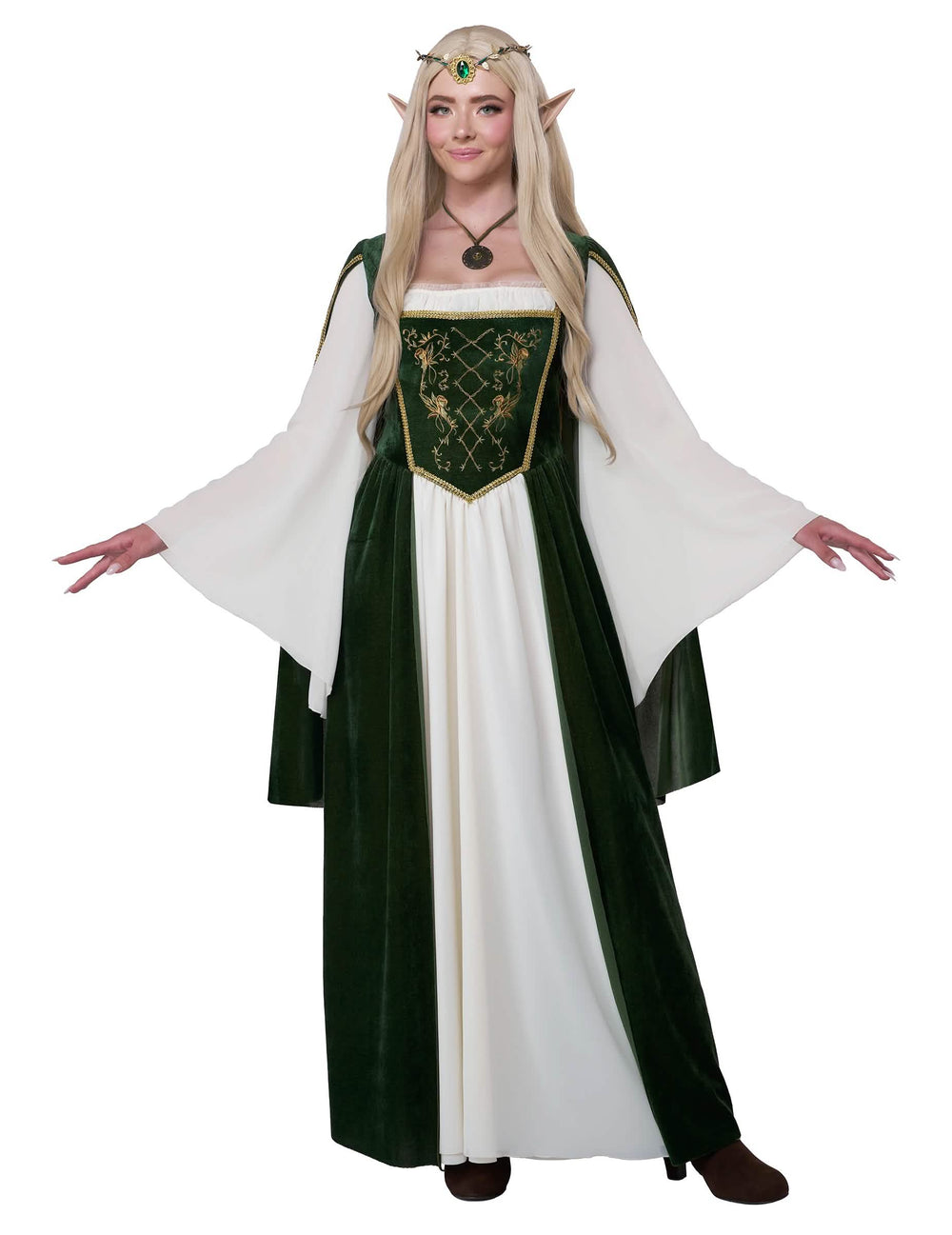 Disfraz de reina élfica para mujer verde y blanco con mangas acampanadas