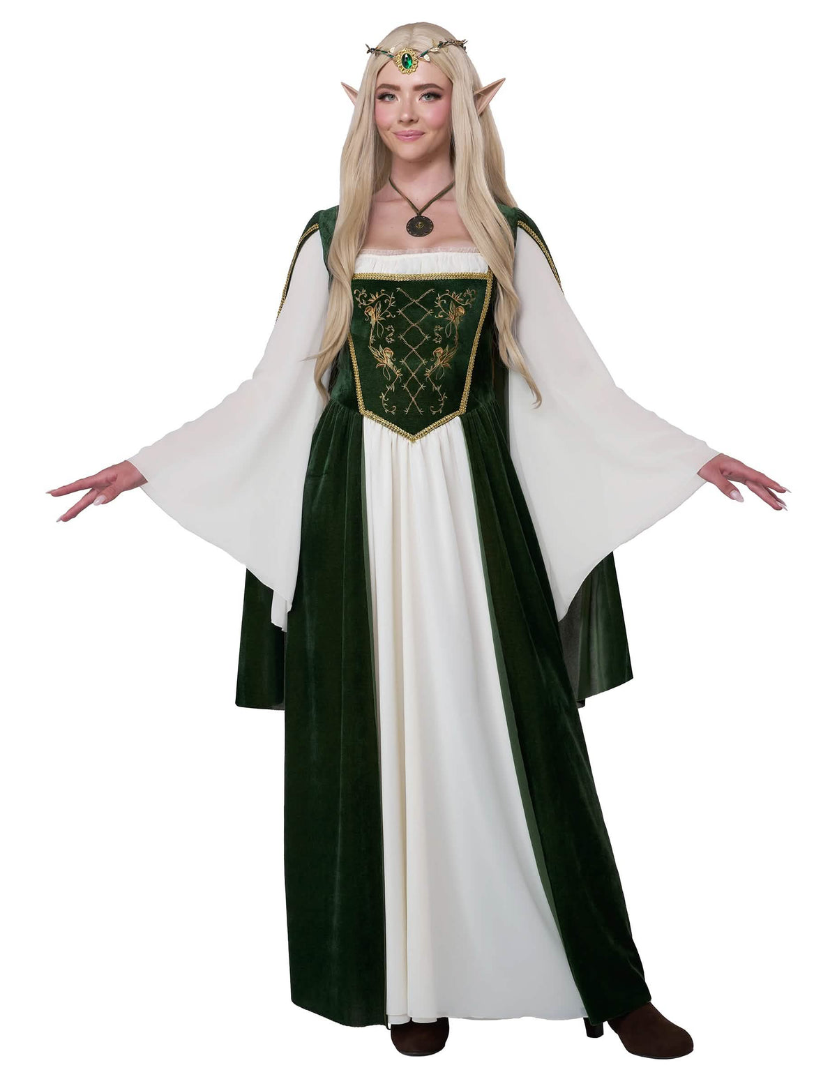 Disfraz de reina élfica para mujer verde y blanco con mangas acampanadas