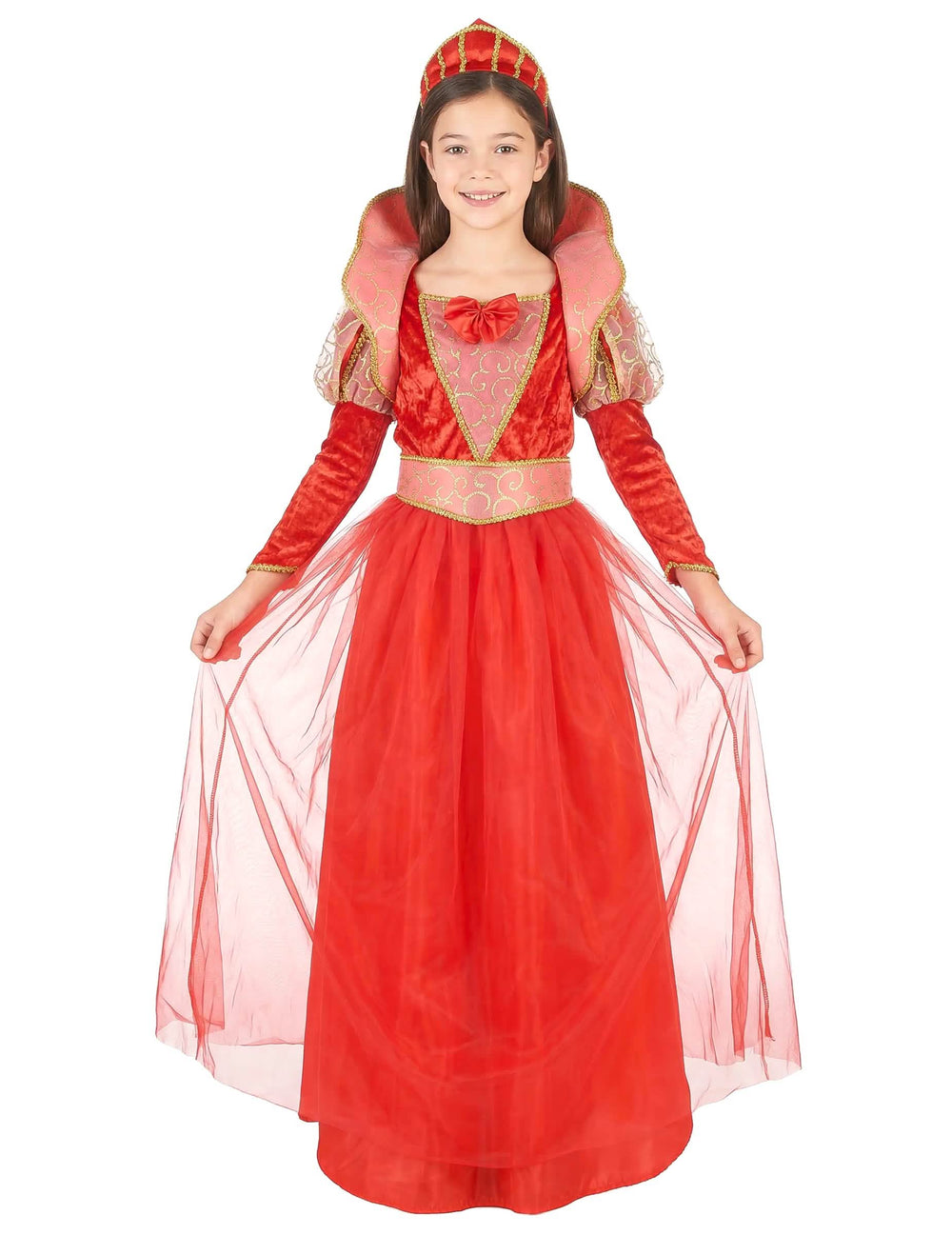 Disfraz de reina medieval con mangas abullonadas para niña rojo y dorado con diadema