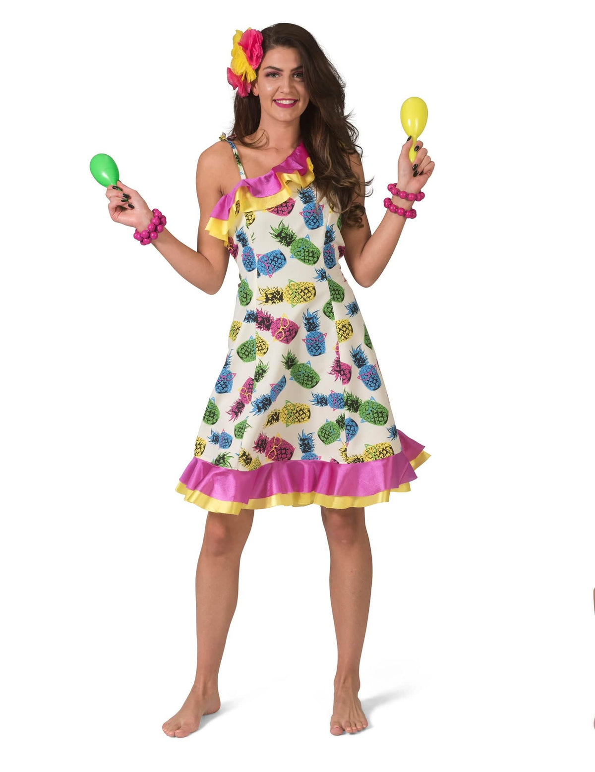 Disfraz vestido con estampado de piñas para mujer blanco y multicolor con volantes