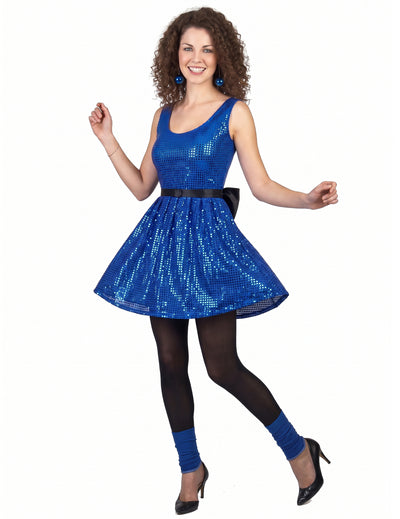 Disfraz vestido disco azul lentejuelas y lazo mujer