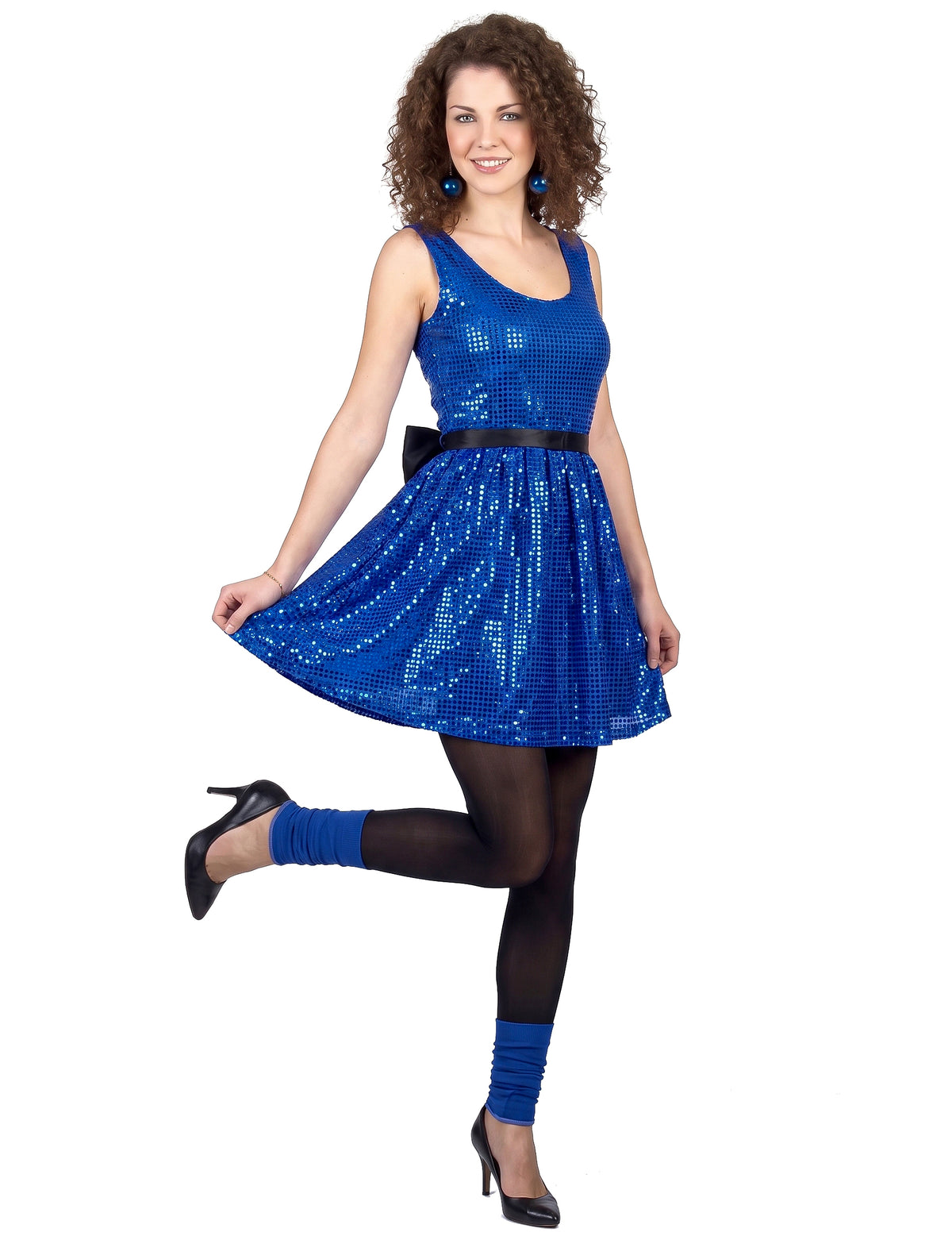 Disfraz vestido disco azul lentejuelas y lazo mujer