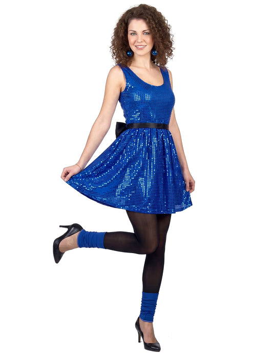Disfraz vestido disco azul lentejuelas y lazo mujer