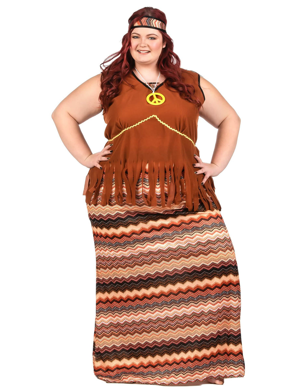 Disfraz vestido hippie largo para mujer de talla grande marrón con motivos de zigzag