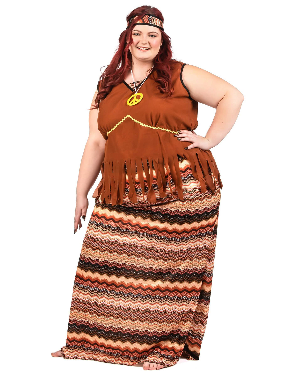 Vista de frente del disfraz vestido hippie largo mujer talla grande