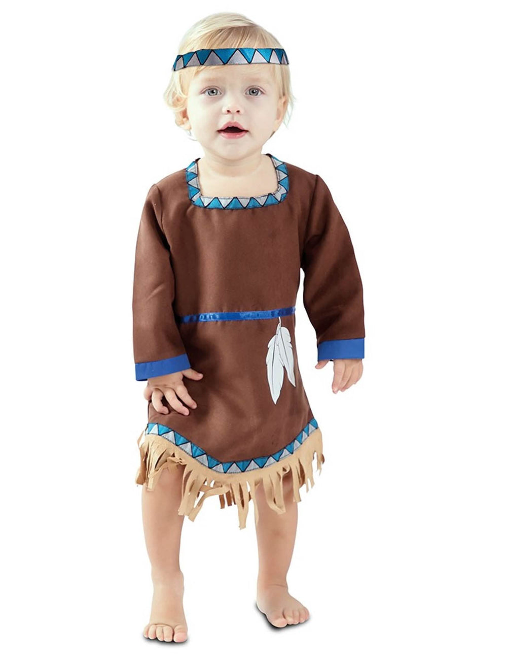 Disfraz vestido de pequeña india para bebé marrón con flecos y diadema