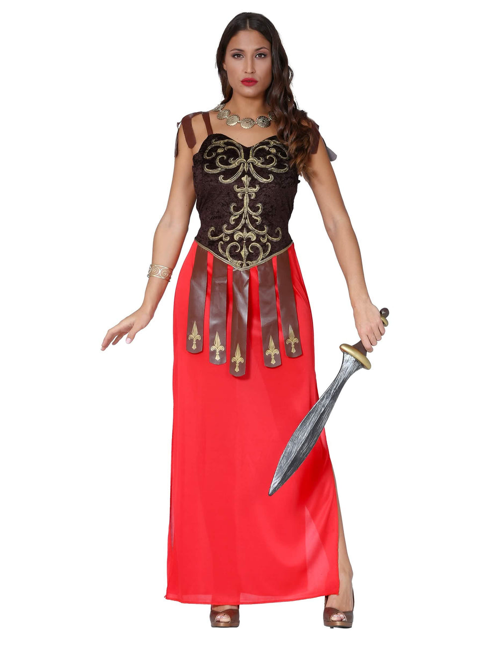 Disfraz vestido largo guerrera para mujer rojo y marrón con corsé dorado
