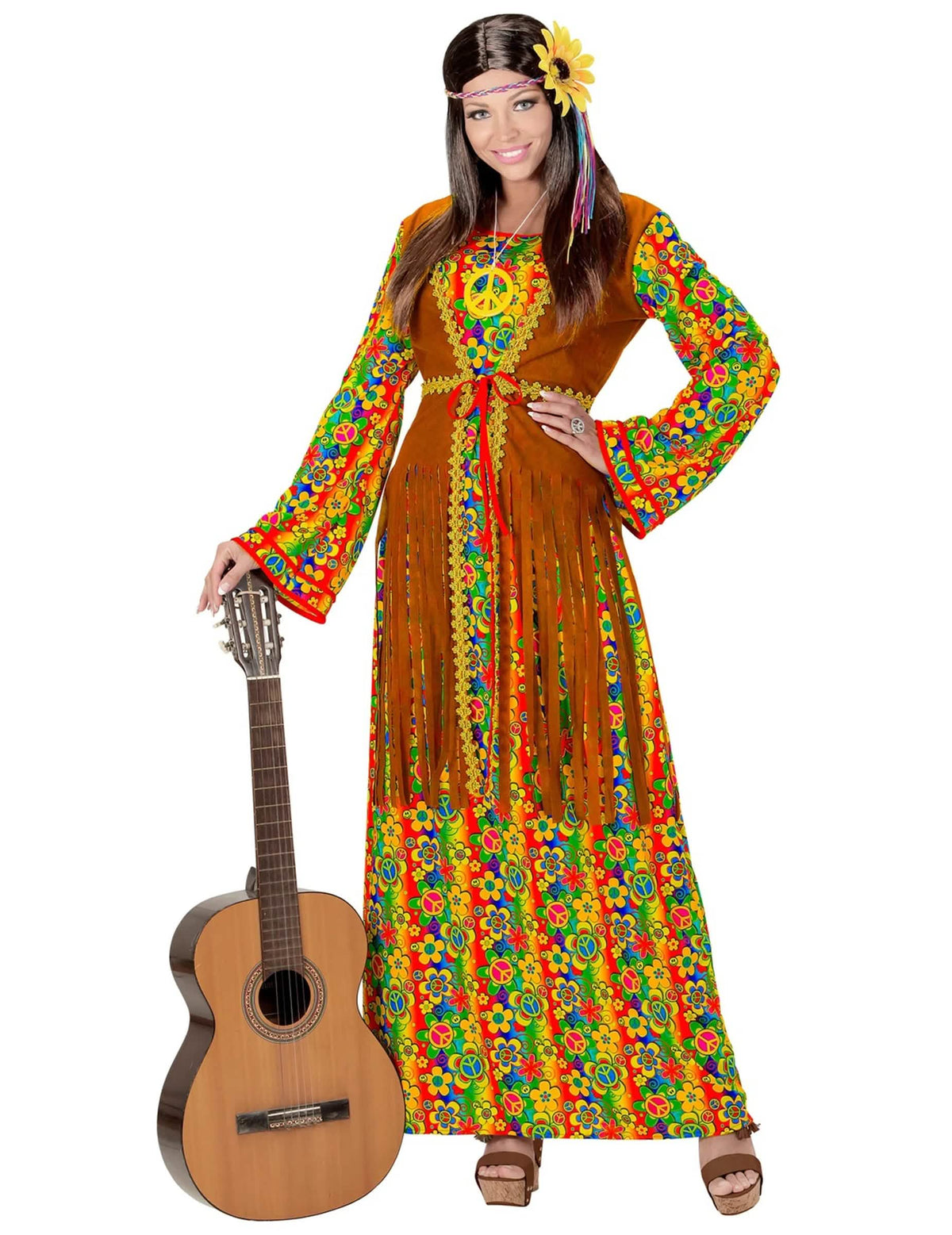 Vista frontal con guitarra del disfraz vestido largo hippie con flecos para mujer