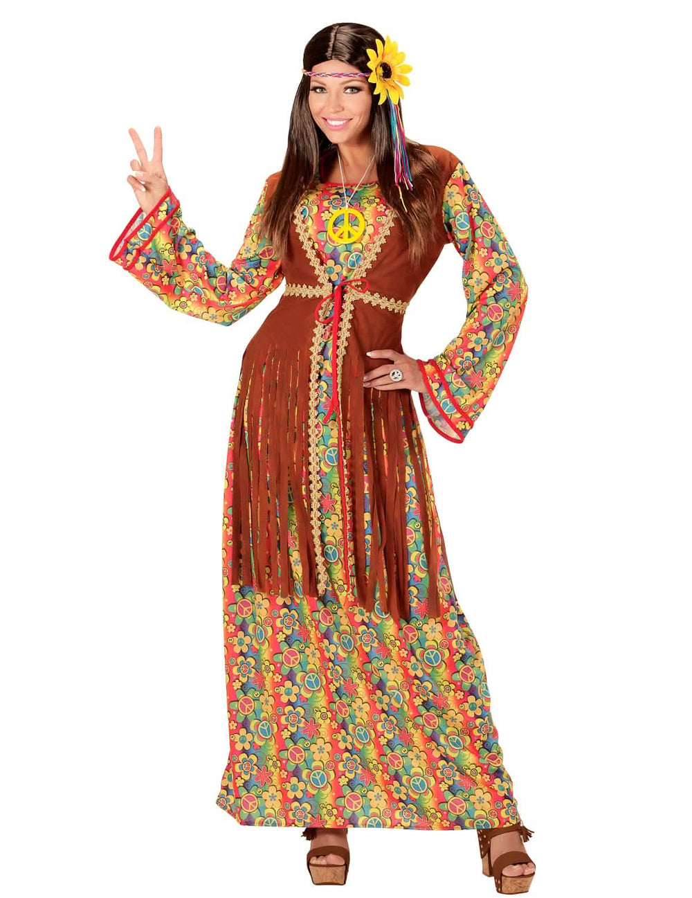 Disfraz de vestido largo hippie con flecos para mujer multicolor y marrón