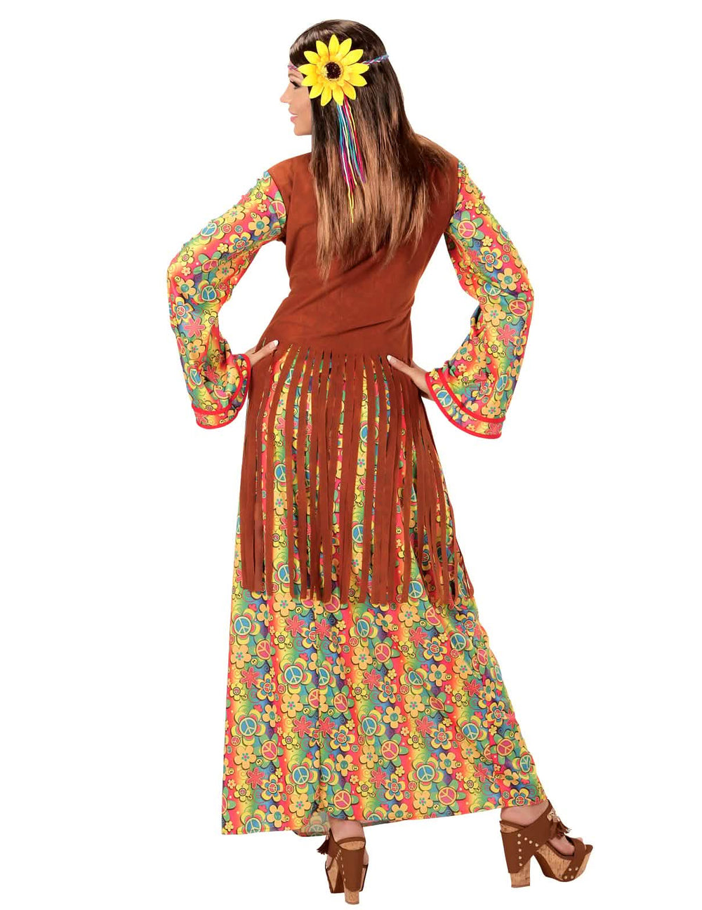 Vista trasera del disfraz de mujer de vestido largo hippie con flecos