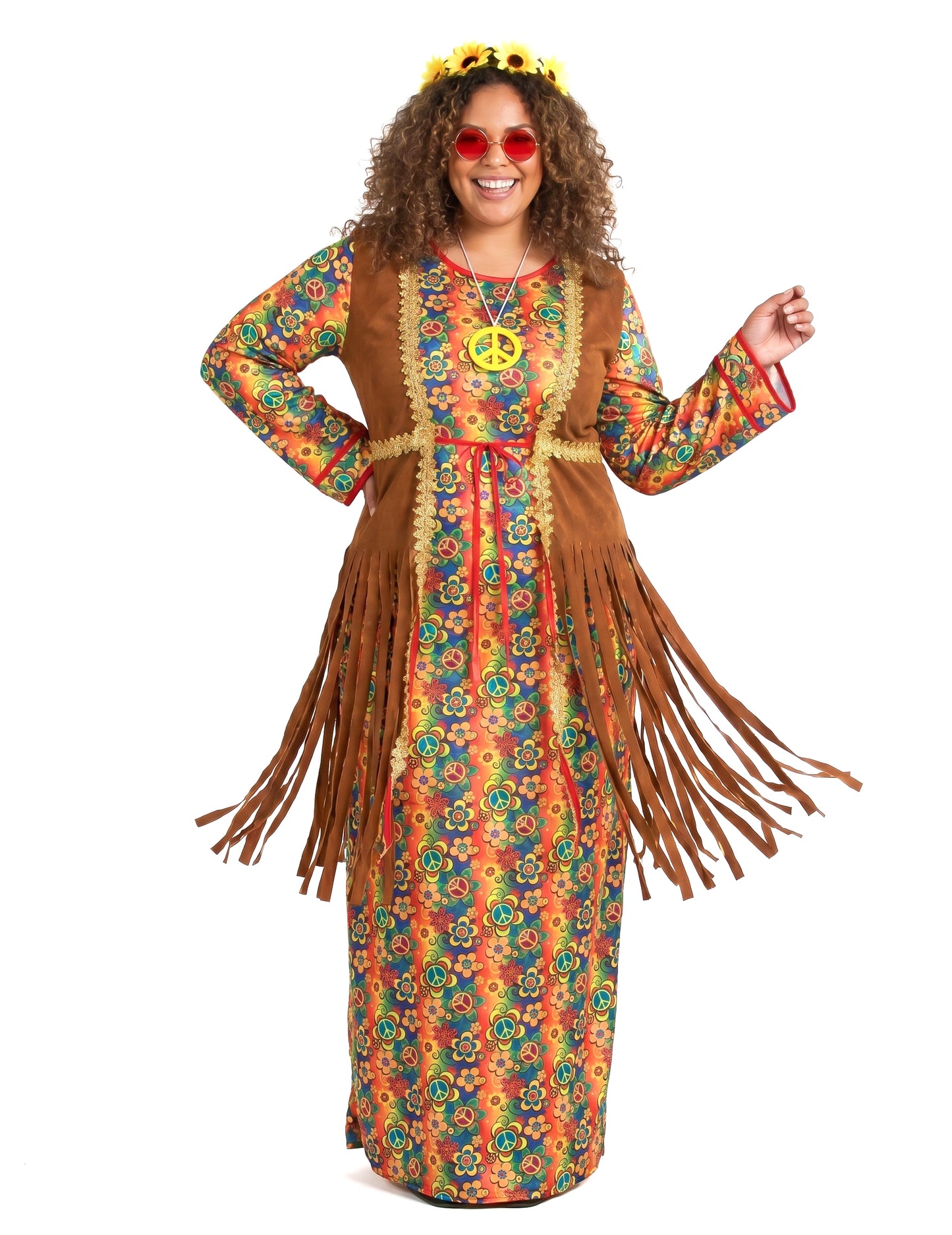 Disfraz largo de hippie con flecos para mujer talla grande