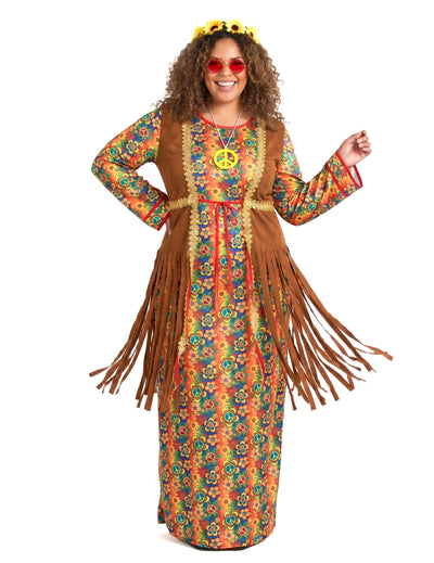 Disfraz largo de hippie con flecos para mujer talla grande