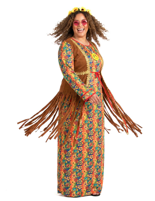 Disfraz largo de hippie con flecos para mujer talla grande