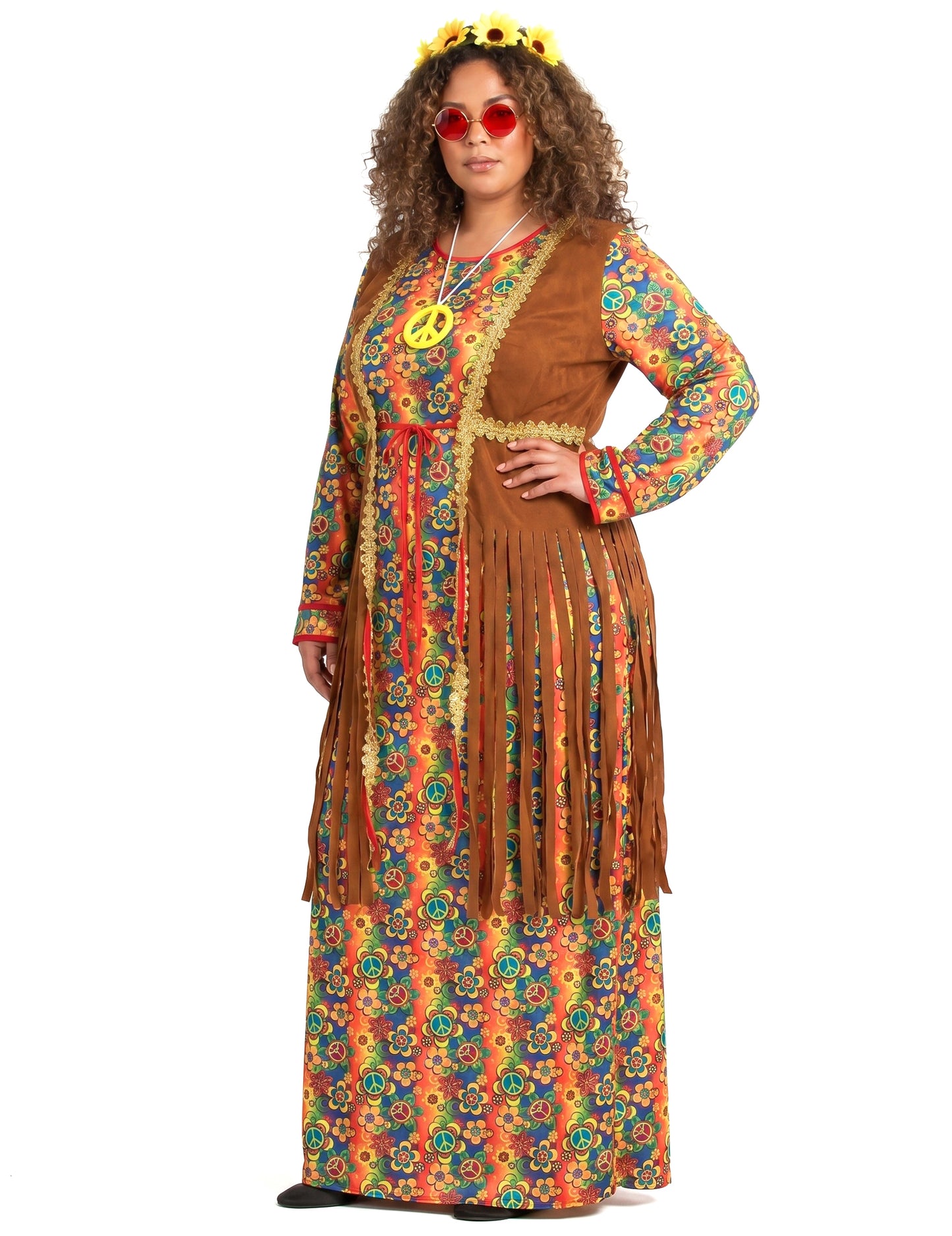 Disfraz largo de hippie con flecos para mujer talla grande