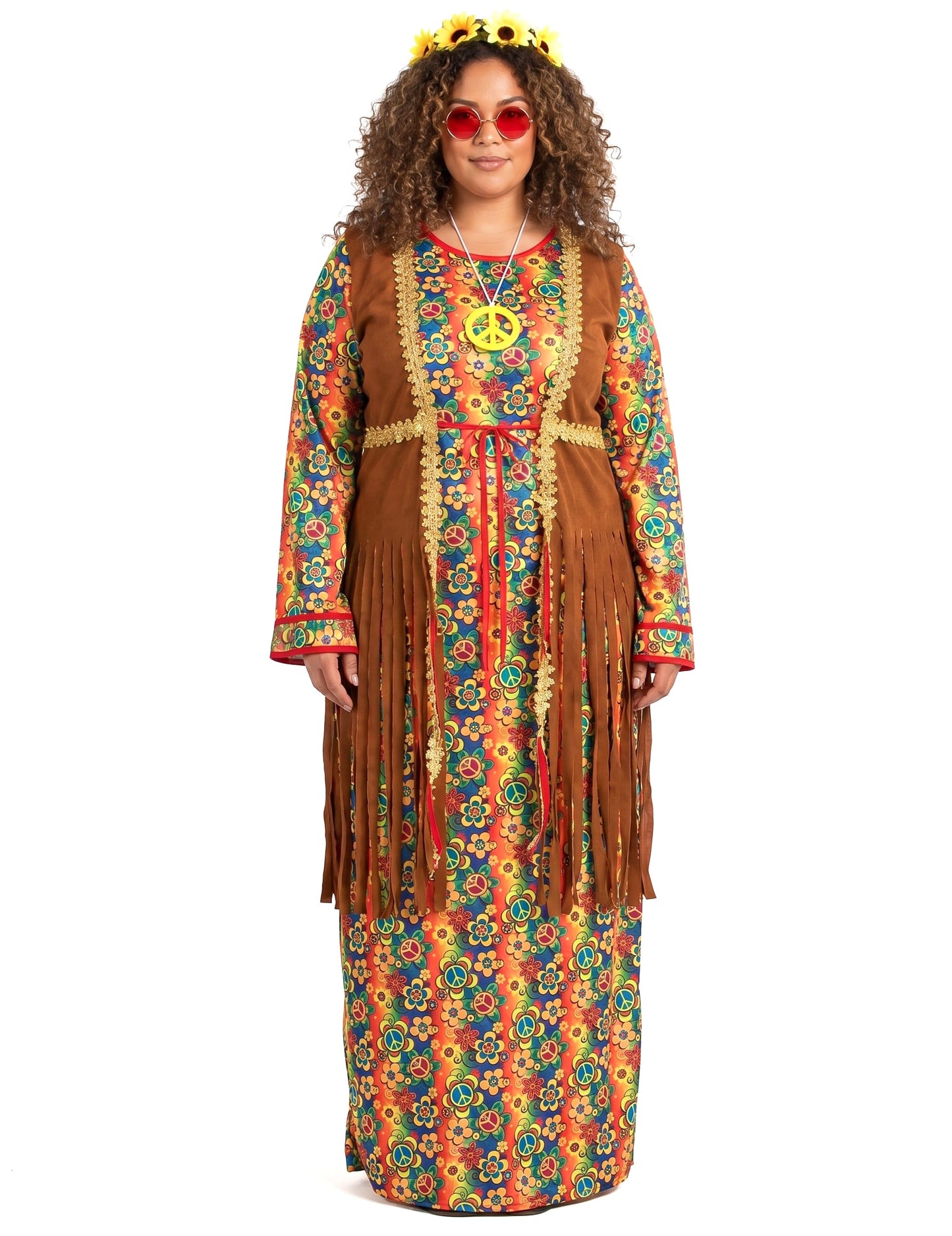 Disfraz largo de hippie con flecos para mujer talla grande