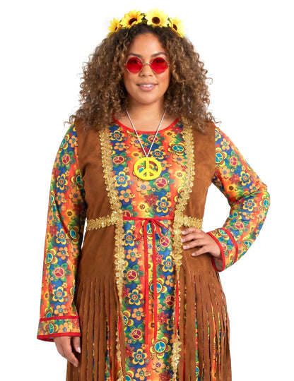 Disfraz largo de hippie con flecos para mujer talla grande