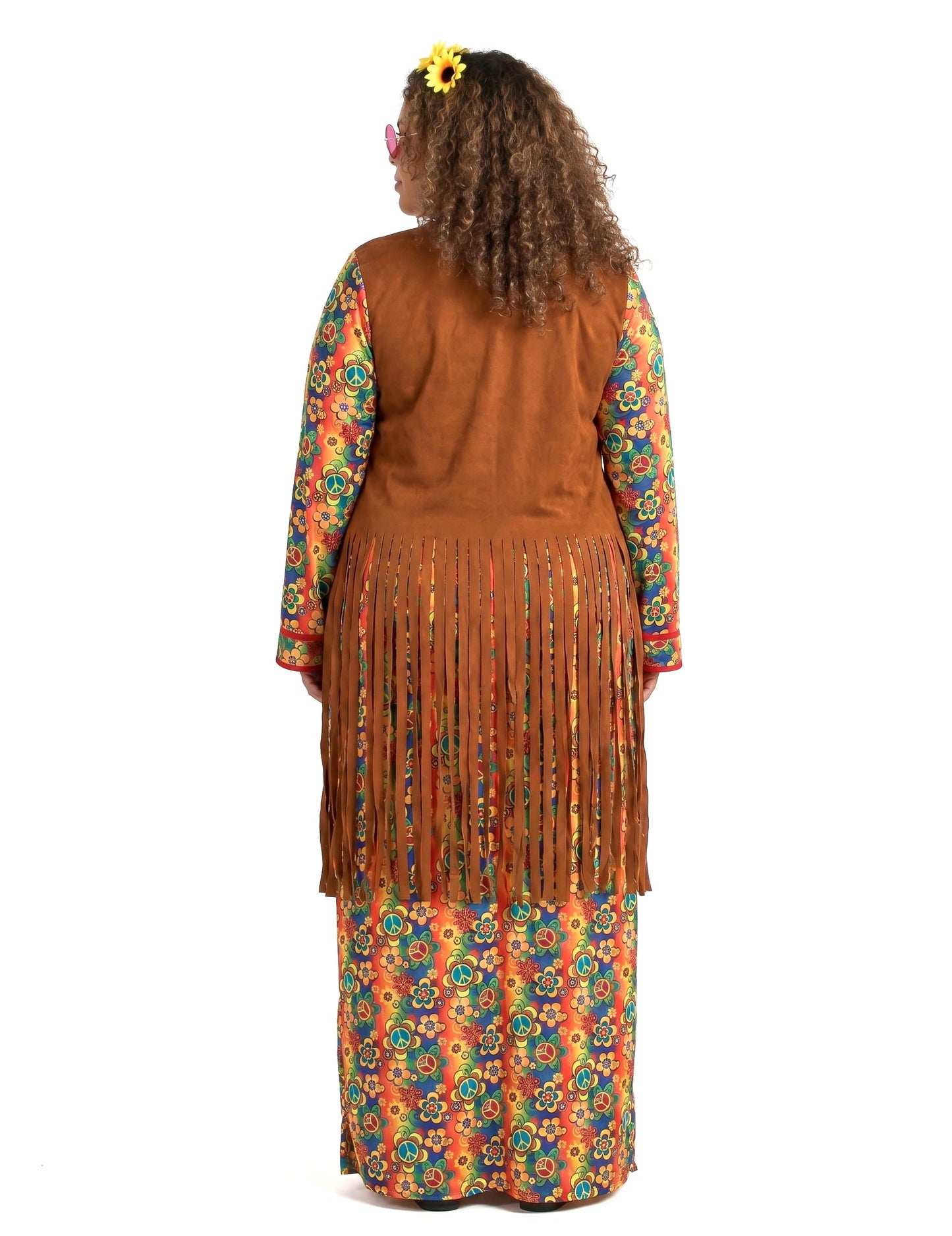 Disfraz largo de hippie con flecos para mujer talla grande