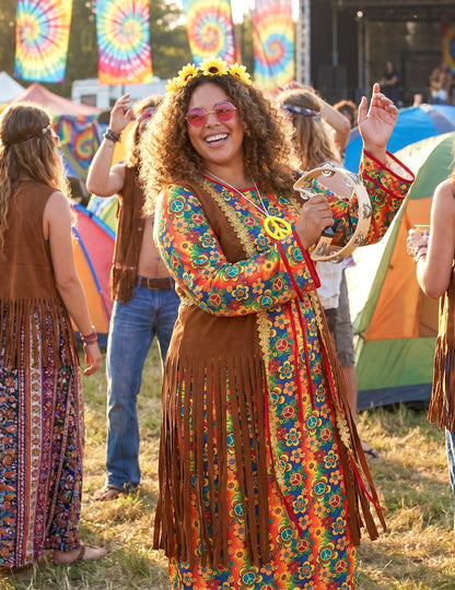 Disfraz largo de hippie con flecos para mujer talla grande