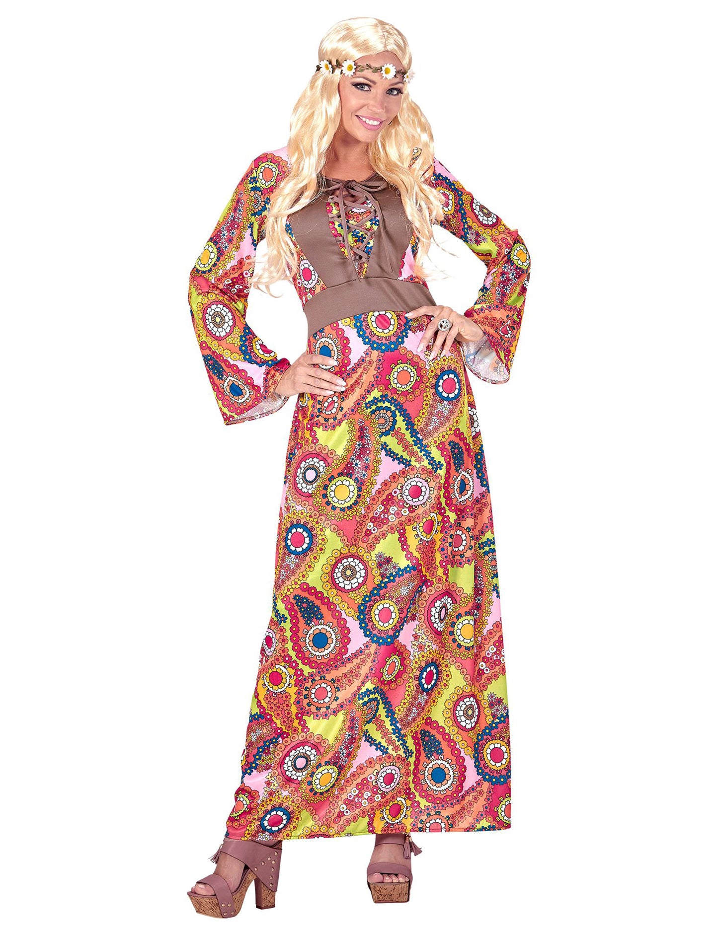 Disfraz hippie vestido largo multicolor mujer