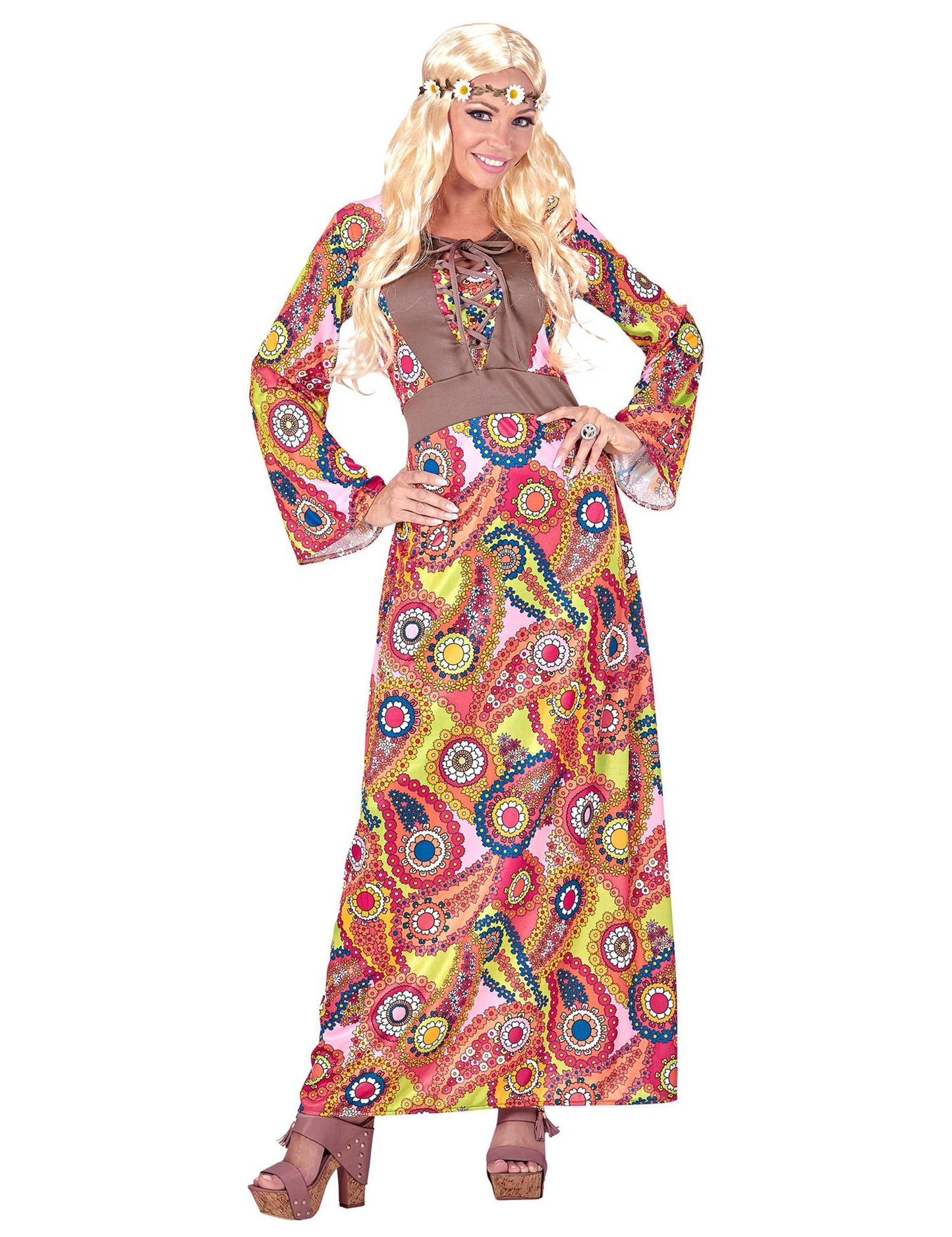 Disfraz hippie vestido largo multicolor mujer