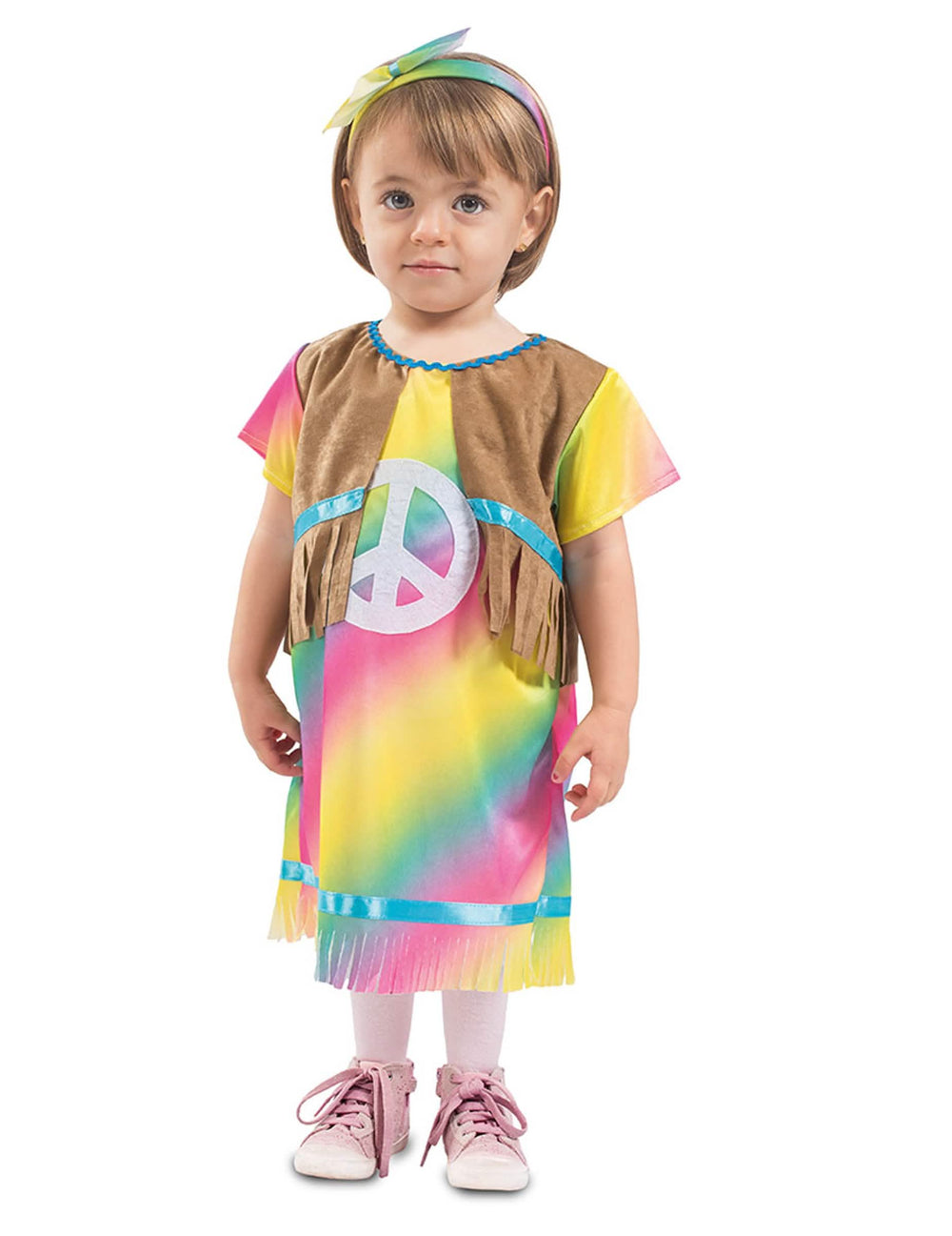 Disfraz de vestido hippie para bebé multicolor con chaleco de flecos