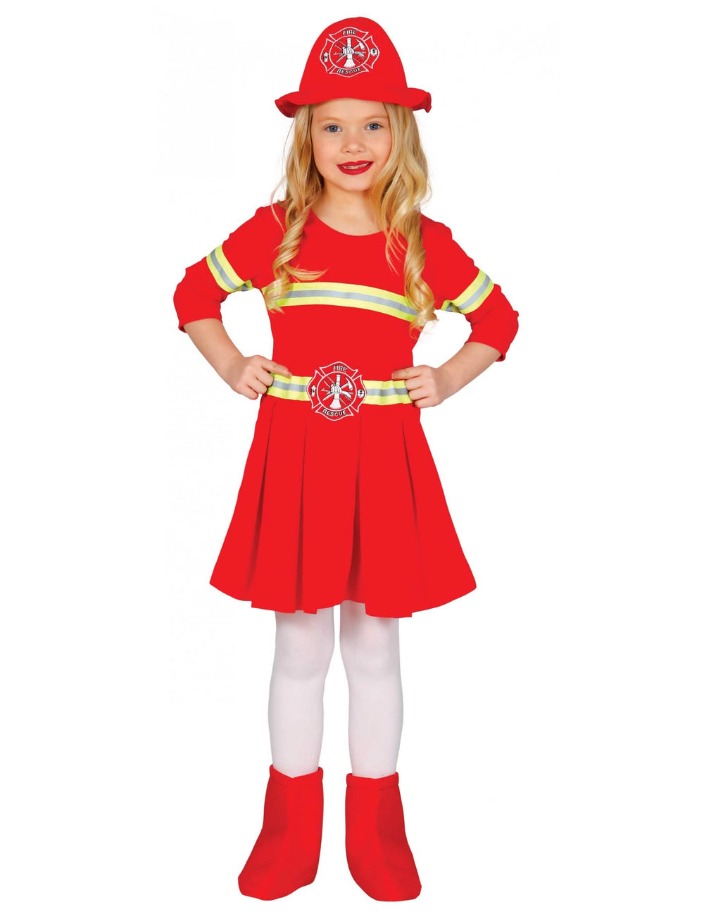 Disfraz de vestido de bombero para niña rojo con sombrero y bandas reflectantes